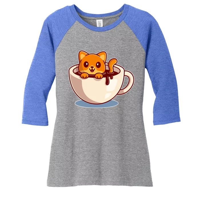 Cute Coffee Kitty Women's Tri-Blend 3/4-Sleeve Raglan Shirt