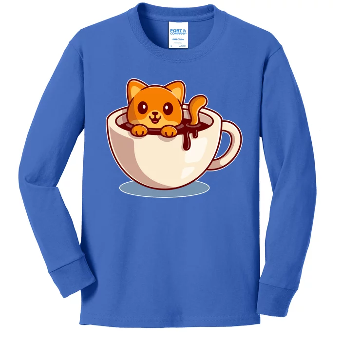 Cute Coffee Kitty Kids Long Sleeve Shirt