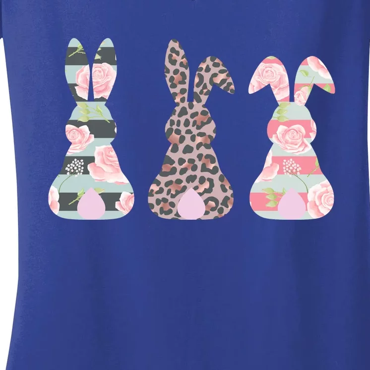 Cute Easter Bunnies Rose Stripe Leopard Patterns Women's V-Neck T-Shirt