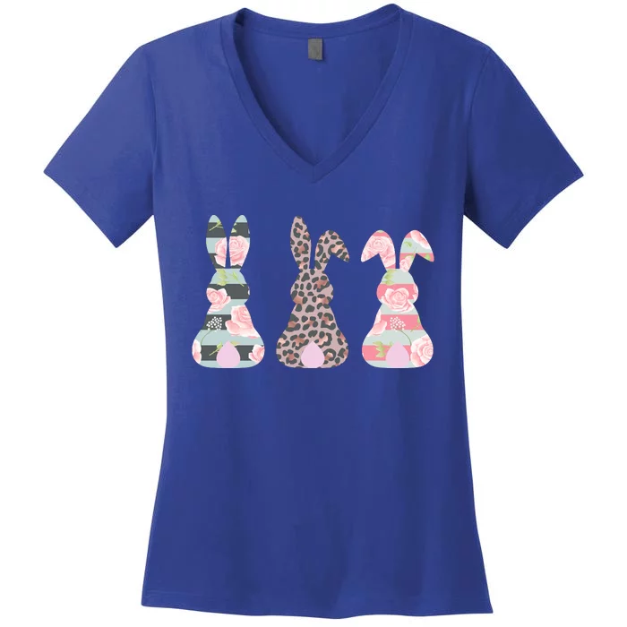 Cute Easter Bunnies Rose Stripe Leopard Patterns Women's V-Neck T-Shirt