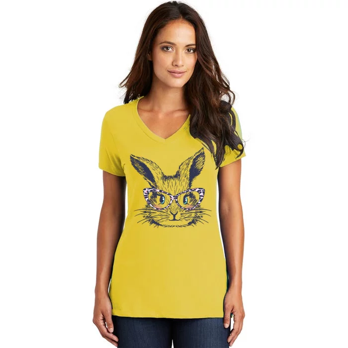 Cute Easter Bunny With Glasses Women's V-Neck T-Shirt