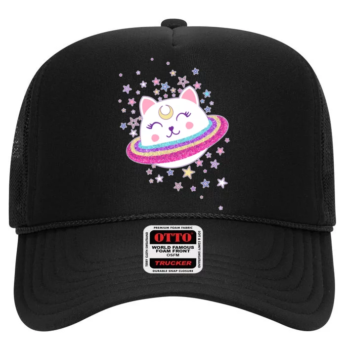 Cute Galaxy Saturn Cat High Crown Mesh Trucker Hat