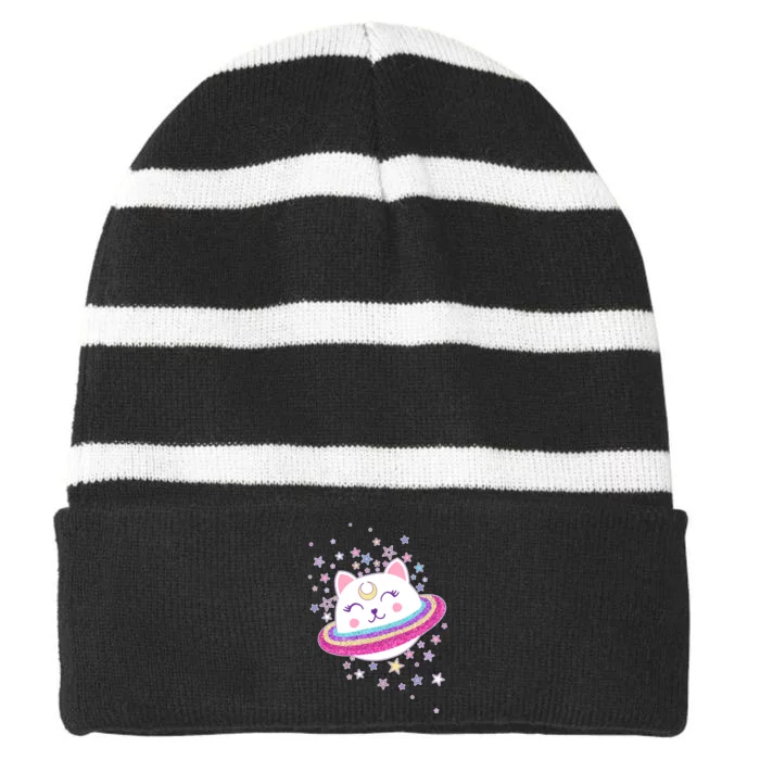 Cute Galaxy Saturn Cat Striped Beanie with Solid Band