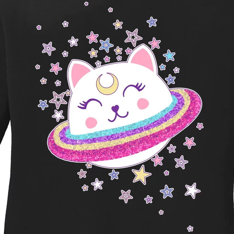 Cute Galaxy Saturn Cat Ladies Long Sleeve Shirt