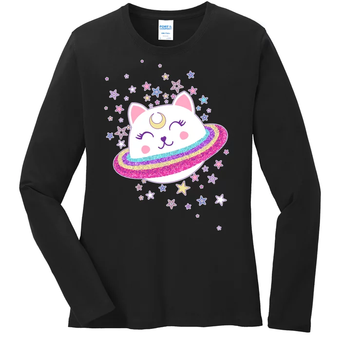 Cute Galaxy Saturn Cat Ladies Long Sleeve Shirt