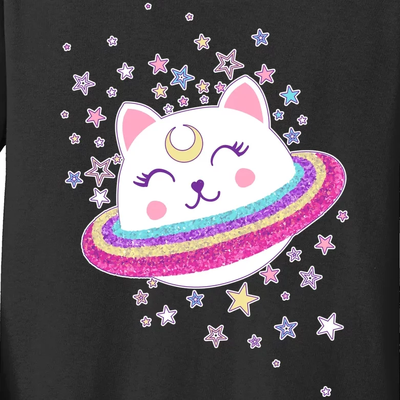 Cute Galaxy Saturn Cat Kids Long Sleeve Shirt