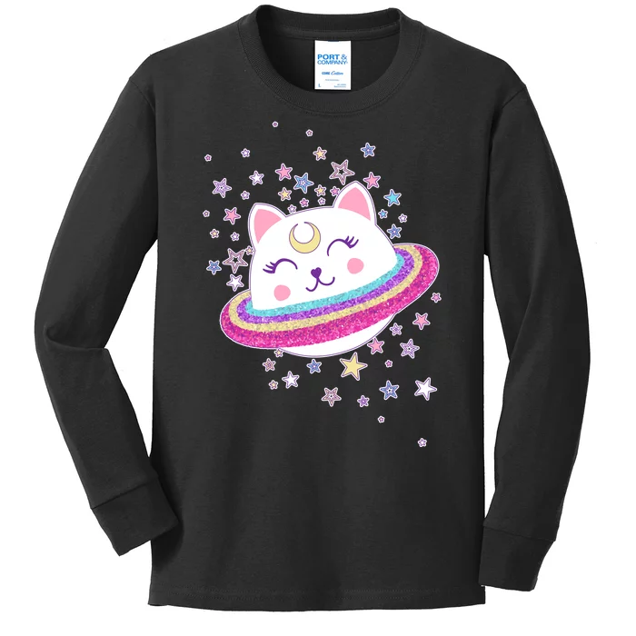 Cute Galaxy Saturn Cat Kids Long Sleeve Shirt