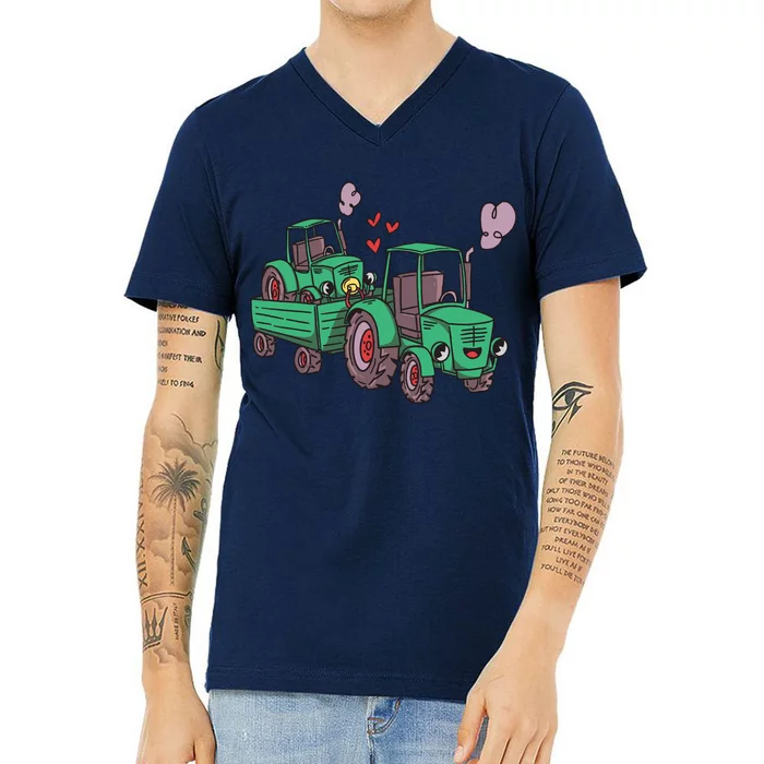 Cute Green Tractor Family V-Neck T-Shirt