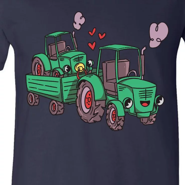 Cute Green Tractor Family V-Neck T-Shirt