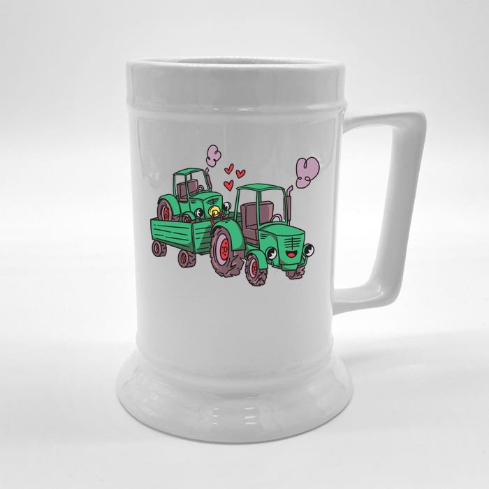 Cute Green Tractor Family Front & Back Beer Stein