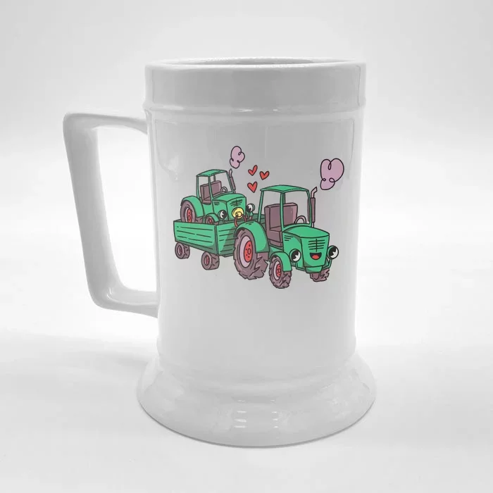 Cute Green Tractor Family Front & Back Beer Stein