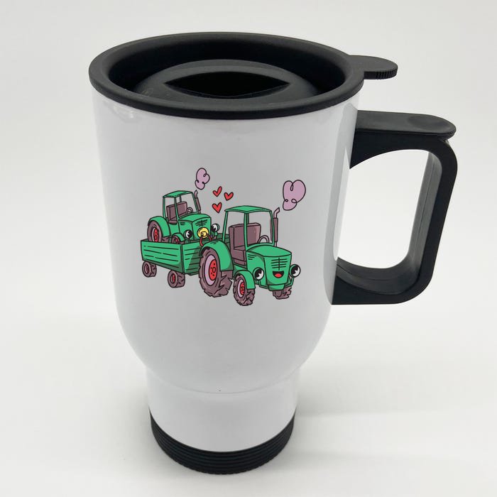 Cute Green Tractor Family Front & Back Stainless Steel Travel Mug