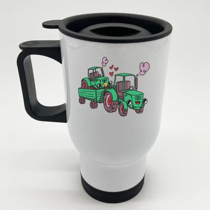 Cute Green Tractor Family Front & Back Stainless Steel Travel Mug