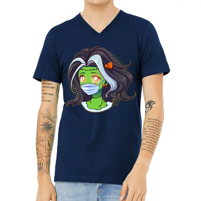 Cute Halloween Quarantined Frankenstein Monster Girl V-Neck T-Shirt