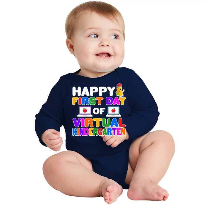 Cute Happy First Day Of Virtual Kindergarten Baby Long Sleeve Bodysuit