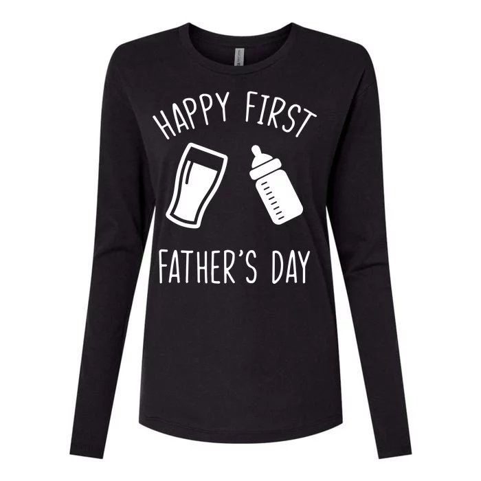 Cute Happy First Father's Day Baby Bottle Womens Cotton Relaxed Long Sleeve T-Shirt