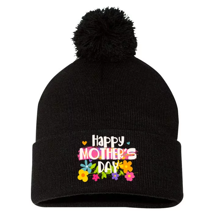 Cute Happy Mother's Day Paint Splash Flowers Pom Pom 12in Knit Beanie