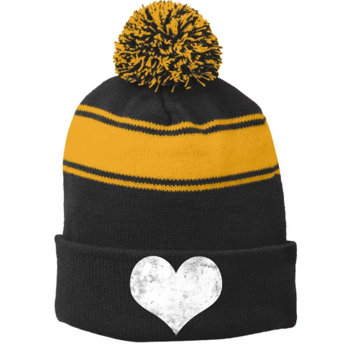 Cute Heart Valentines Day Vintage Distressed Stripe Pom Pom Beanie