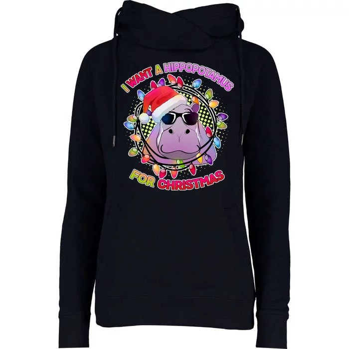 Cute I Want A Hippopotamus for Christmas Lights Womens Funnel Neck Pullover Hood