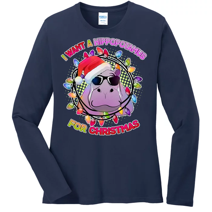 Cute I Want A Hippopotamus for Christmas Lights Ladies Long Sleeve Shirt