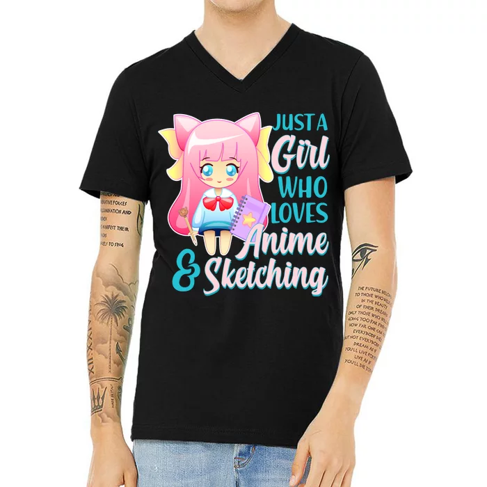 Cute Kawaii Just a Girl Who Loves Anime and Sketching V-Neck T-Shirt