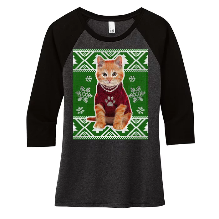 Cute Kitten Ugly Christmas Women's Tri-Blend 3/4-Sleeve Raglan Shirt