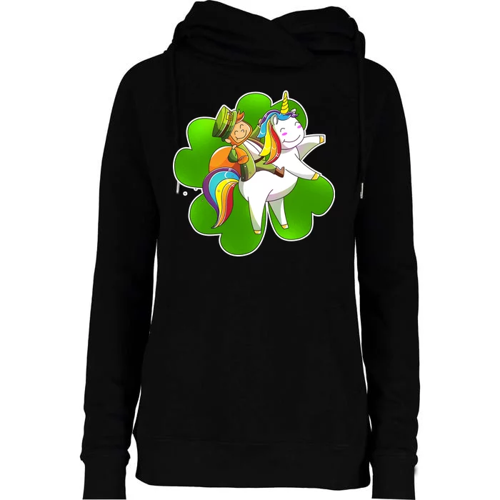 Cute Leprechaun Riding Unicorn Womens Funnel Neck Pullover Hood