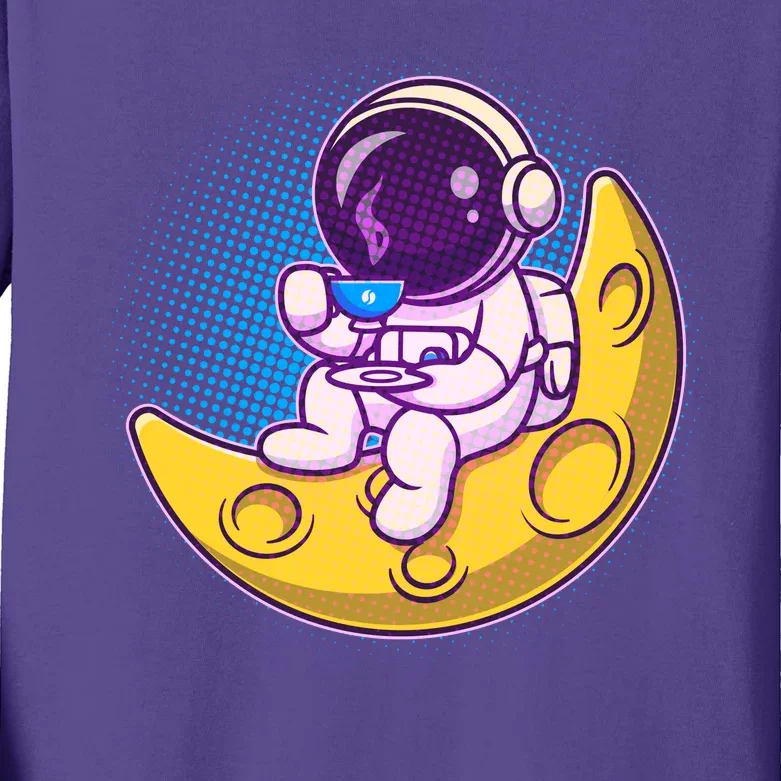 Cute Little Astronaut Drinking Coffee Kids Long Sleeve Shirt