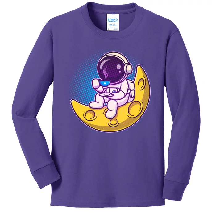 Cute Little Astronaut Drinking Coffee Kids Long Sleeve Shirt