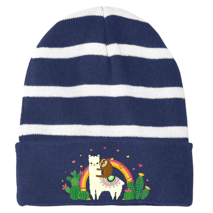 Cute Llama Sloth Love Striped Beanie with Solid Band