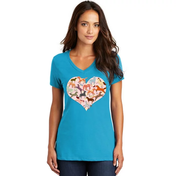 Cute Love Heart Horses Women's V-Neck T-Shirt