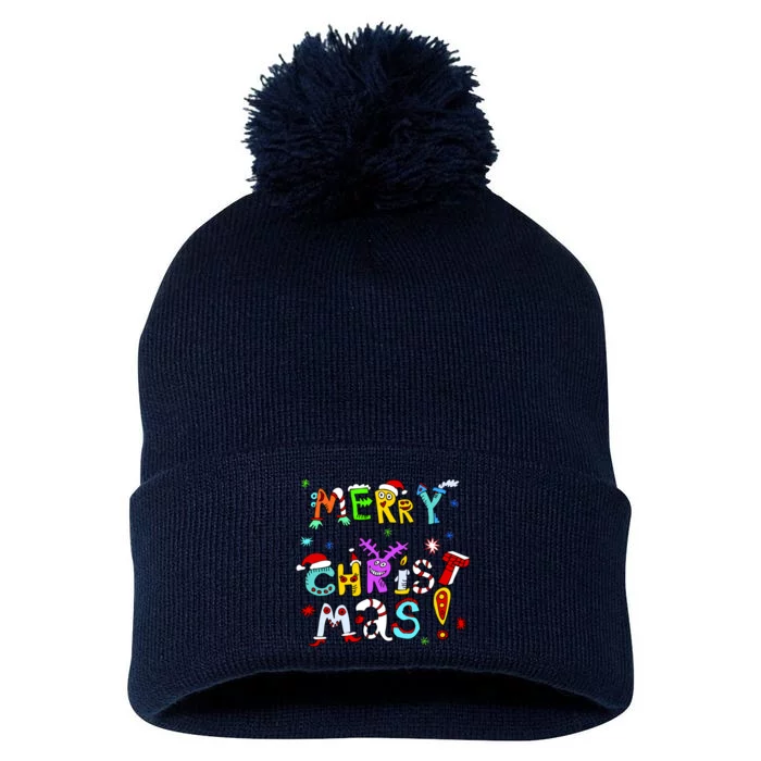 Cute Merry Christmas Pom Pom 12in Knit Beanie