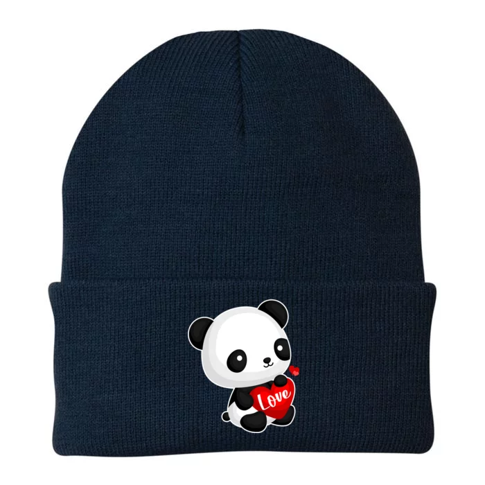 Cute Panda Holding A  Heart Knit Cap Winter Beanie