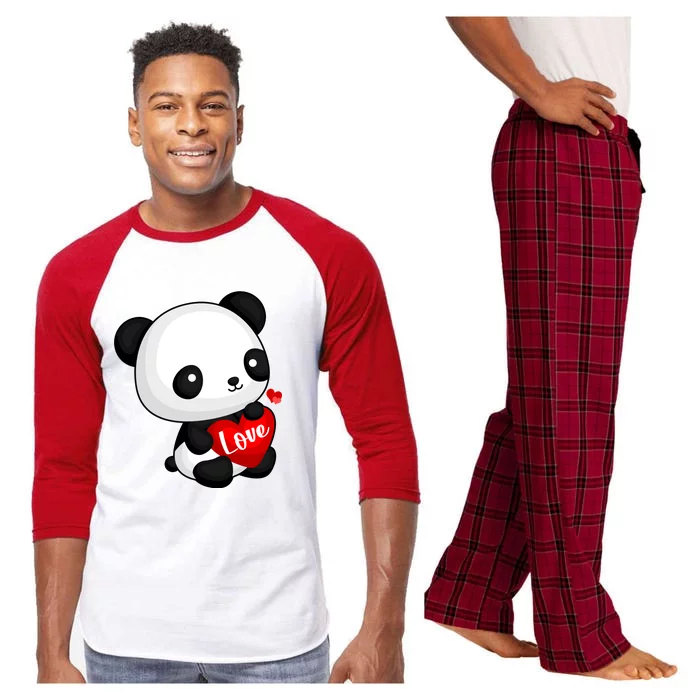 Cute Panda Holding A  Heart Raglan Sleeve Pajama Set