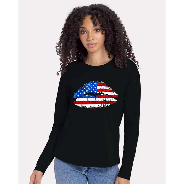 Cute Patriot USA American Flag Lipstick Kiss Womens Cotton Relaxed Long Sleeve T-Shirt