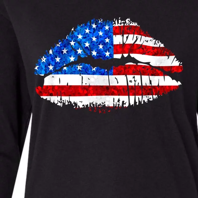 Cute Patriot USA American Flag Lipstick Kiss Womens Cotton Relaxed Long Sleeve T-Shirt