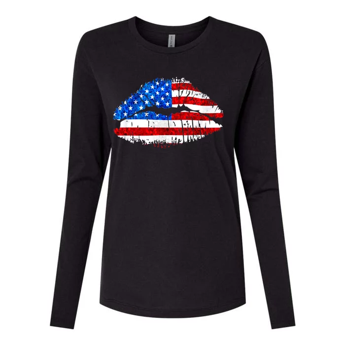 Cute Patriot USA American Flag Lipstick Kiss Womens Cotton Relaxed Long Sleeve T-Shirt