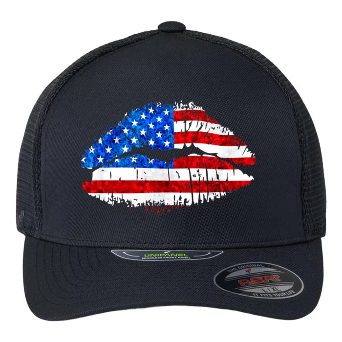 Cute Patriot USA American Flag Lipstick Kiss Flexfit Unipanel Trucker Cap