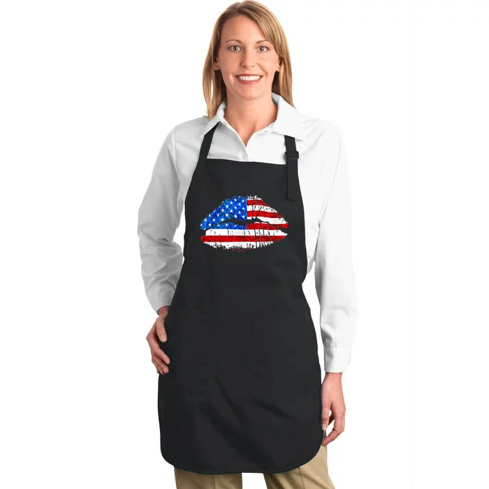 Cute Patriot USA American Flag Lipstick Kiss Full-Length Apron With Pocket