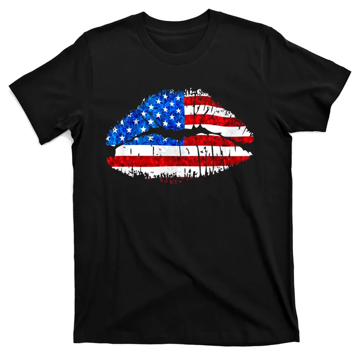 Cute Patriot USA American Flag Lipstick Kiss T-Shirt