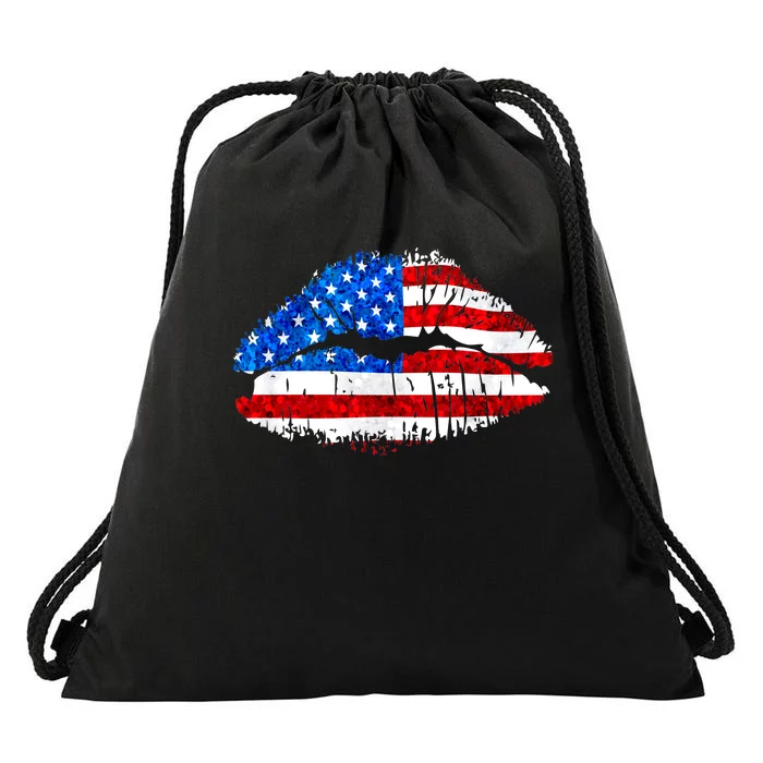 Cute Patriot USA American Flag Lipstick Kiss Drawstring Bag