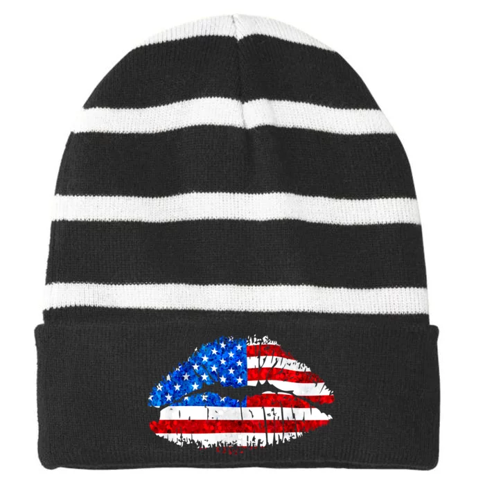 Cute Patriot USA American Flag Lipstick Kiss Striped Beanie with Solid Band