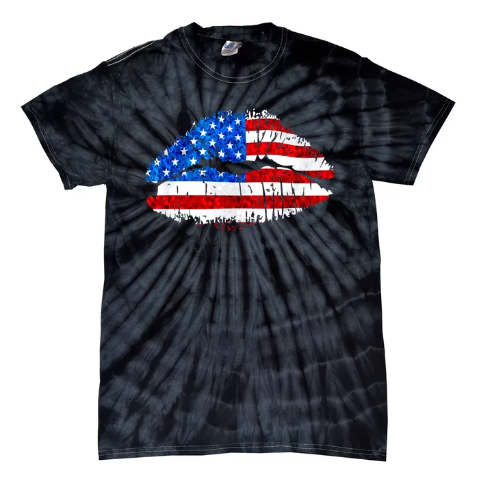 Cute Patriot USA American Flag Lipstick Kiss Tie-Dye T-Shirt