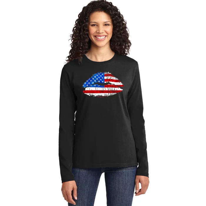 Cute Patriot USA American Flag Lipstick Kiss Ladies Long Sleeve Shirt