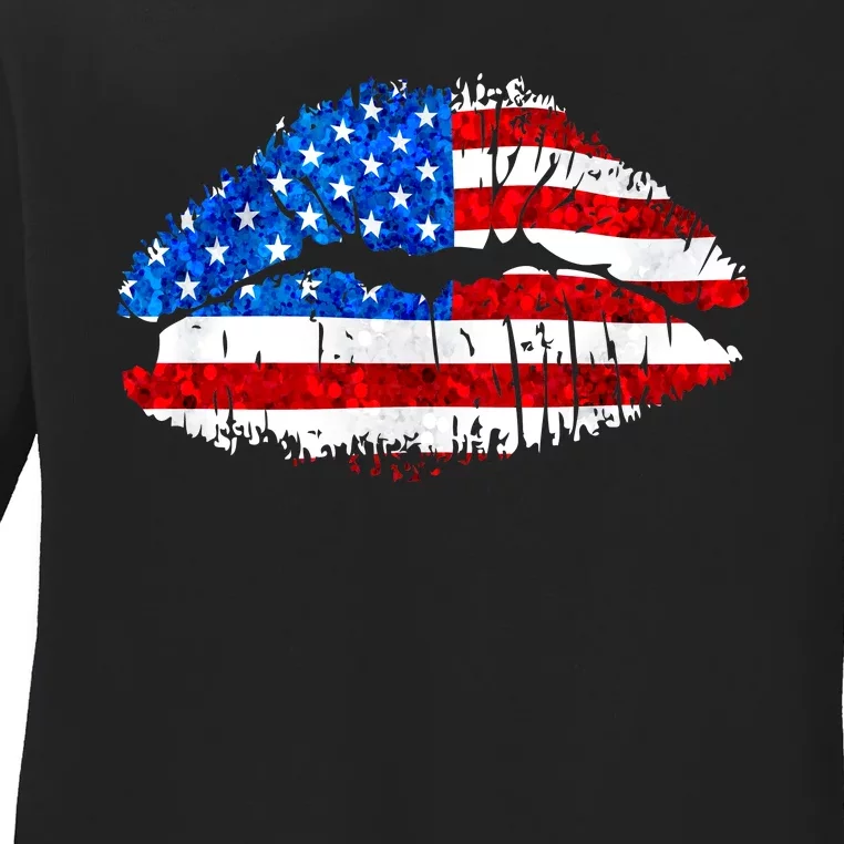 Cute Patriot USA American Flag Lipstick Kiss Ladies Long Sleeve Shirt