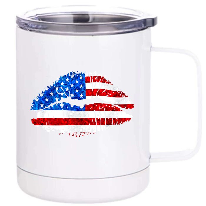 Cute Patriot USA American Flag Lipstick Kiss Front & Back 12oz Stainless Steel Tumbler Cup