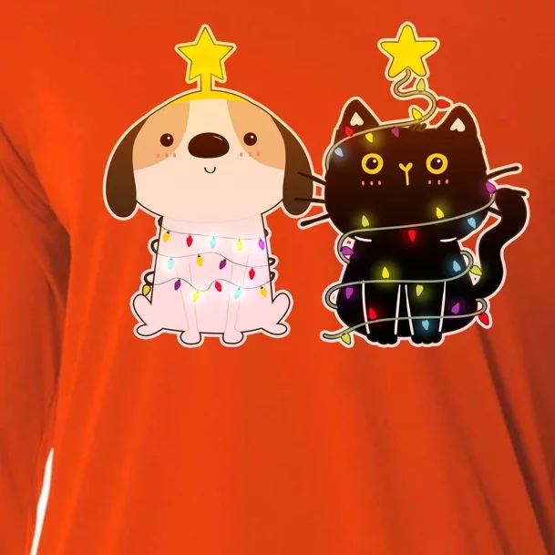 Cute Puppy and Kitten Christmas Lights Cooling Performance Long Sleeve Crew