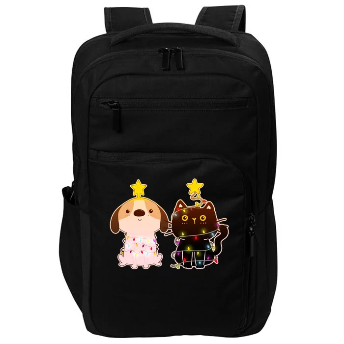 Cute Puppy and Kitten Christmas Lights Impact Tech Backpack