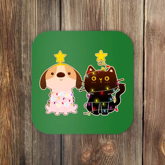 Cute Puppy and Kitten Christmas Lights Coaster