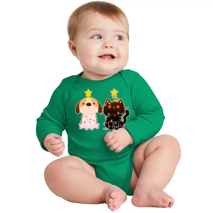 Cute Puppy and Kitten Christmas Lights Baby Long Sleeve Bodysuit